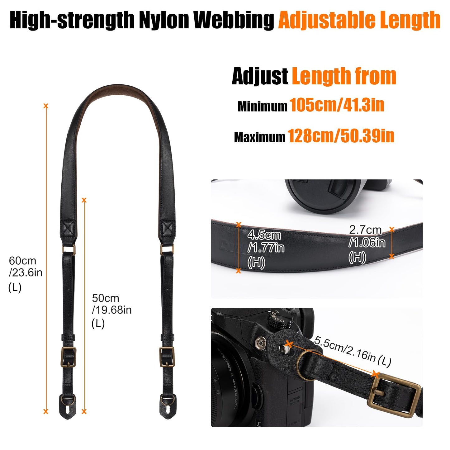 Cwatcun Genuine Leather Camera Strap, Adjustable Neck or Shoulder Sling Strap for Photographers for Nikon Canon Sony Olympus DSLR, Black