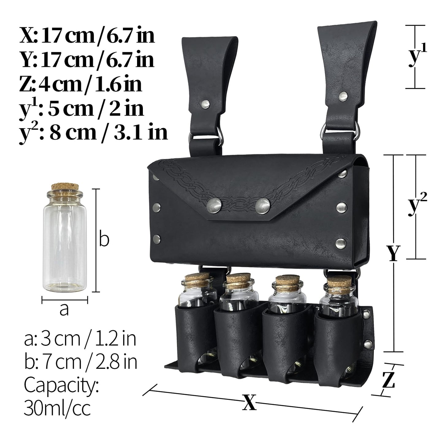 HiiFeuer Medieval Alchemy Faux Leather Belt Bag with 4 Cork Potion Vials, Fantasy Wizard Waist Pouch Side Pack for Ren Faire (Black A)