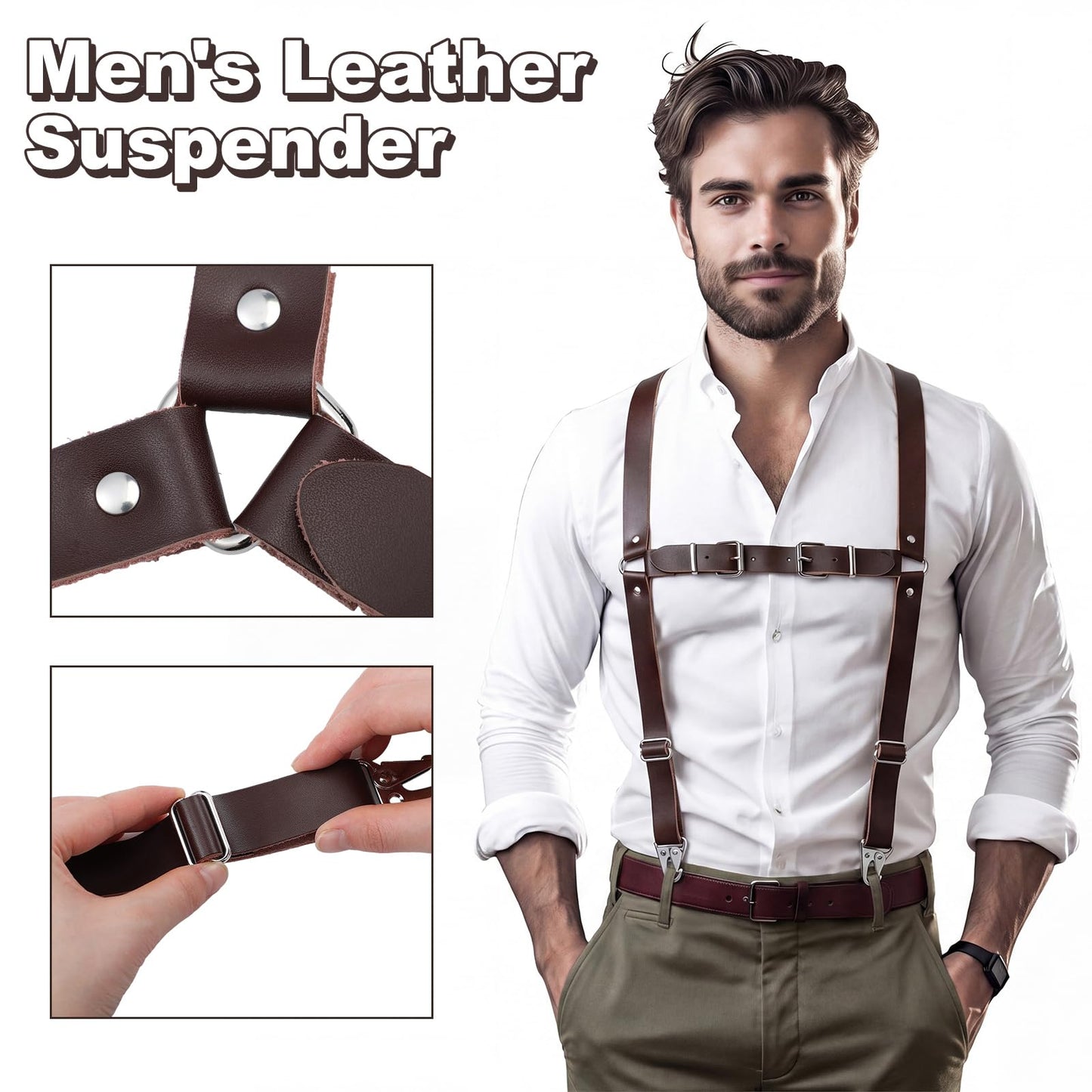Cuffbow Men's Leather Suspender Adjustable Y Back Leather Suspender with Adjustable Size Straps for Men Father's Day Wedding Steampunk Harness