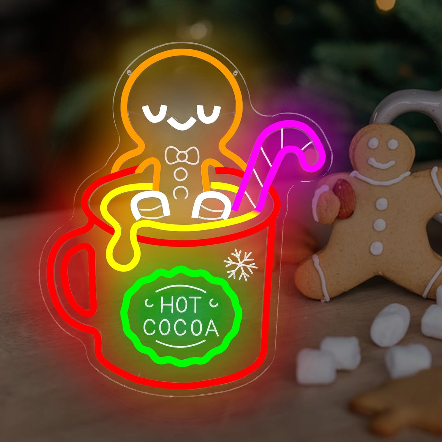 hhuohuona Christmas Gingerbread Man Neon Sign Dimmable Hot Cocoa Christmas Led Sign Gingerbread Hot Cocoa Mug Candy Cane Neon Lights Xmas Holiday Led Wall Decor Gift