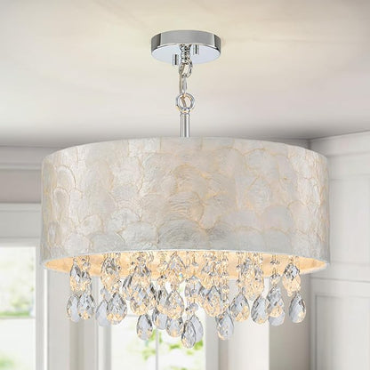 4-Lights Drum Capiz Shell Crystal Chandeliers, Coastal Style Pendant Light Fixture for Dining Room, Living Room, D18 x 21~68"(Adjustable), Shell Lampshade & Chrome Finish