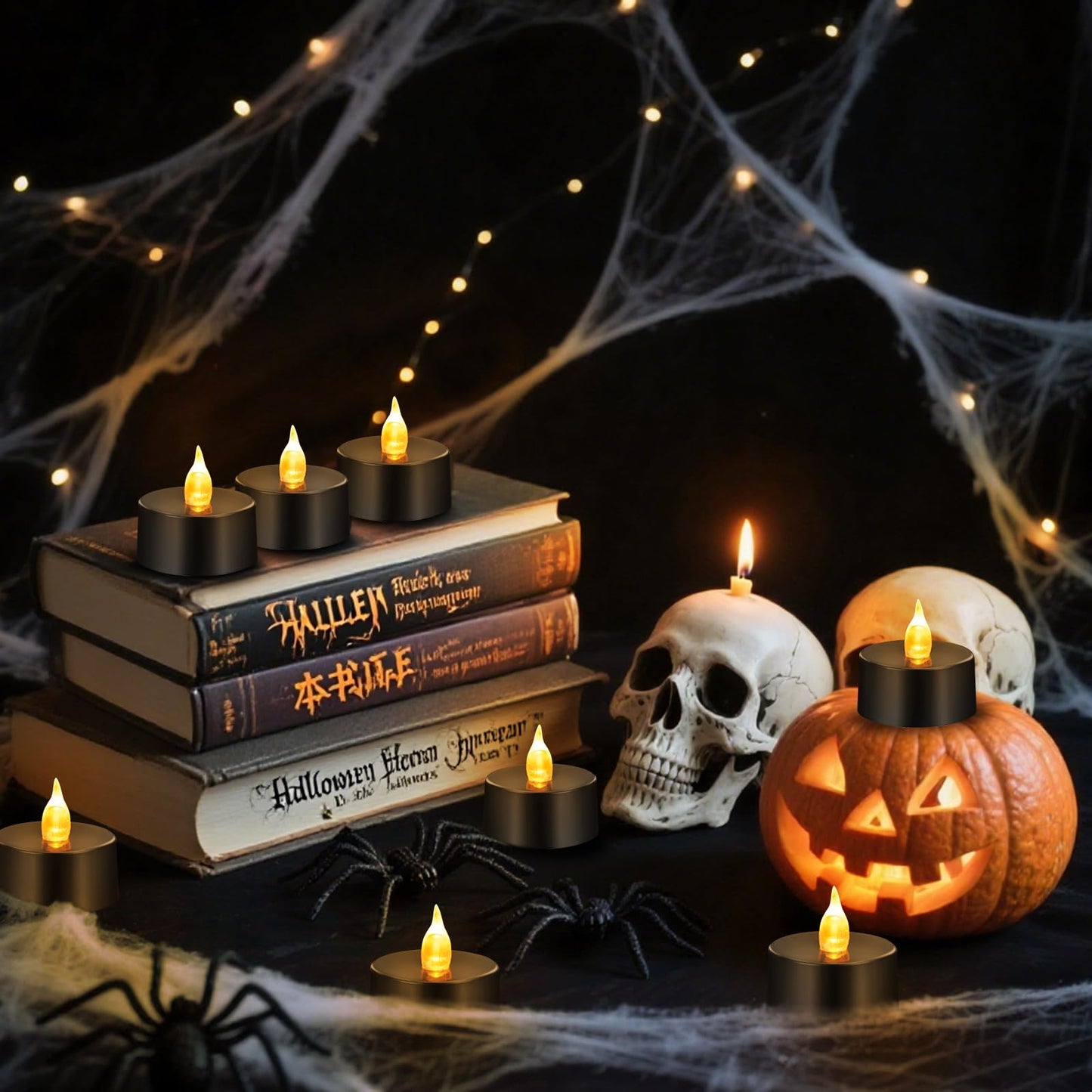 Candlium Tea Lights Battery Operated Candles LED Tea Lights Flameless Candles 200+ Hours Flickering Fake Tealights for Halloween, Christmas Aniversary Home Table Decor(Black, 50 Pack)