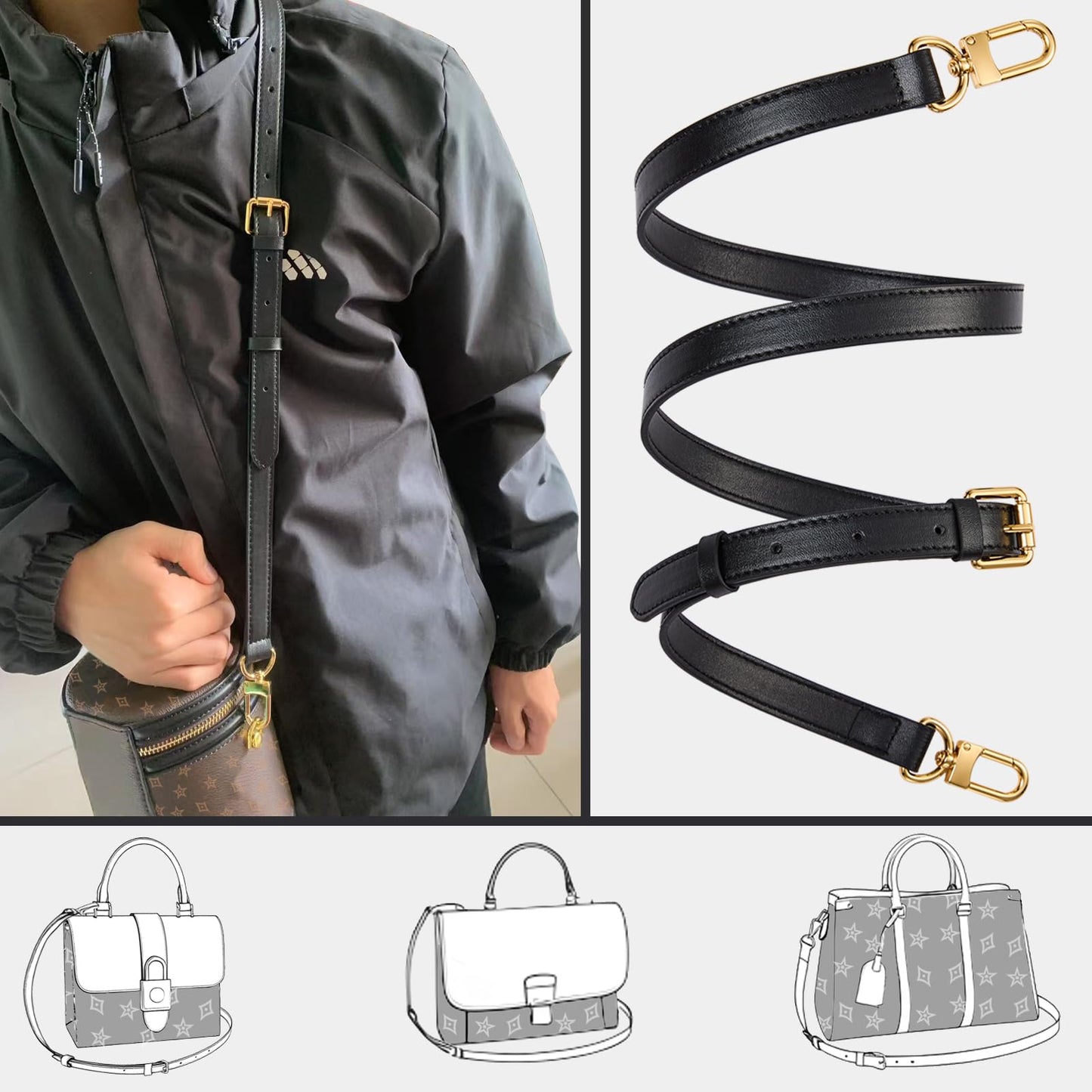 LWMYFZX Genuine Vachetta Leather Crossbody Strap | Adjustable Replacement Shoulder Strap for Handbags, Purses & Clutches (Black)