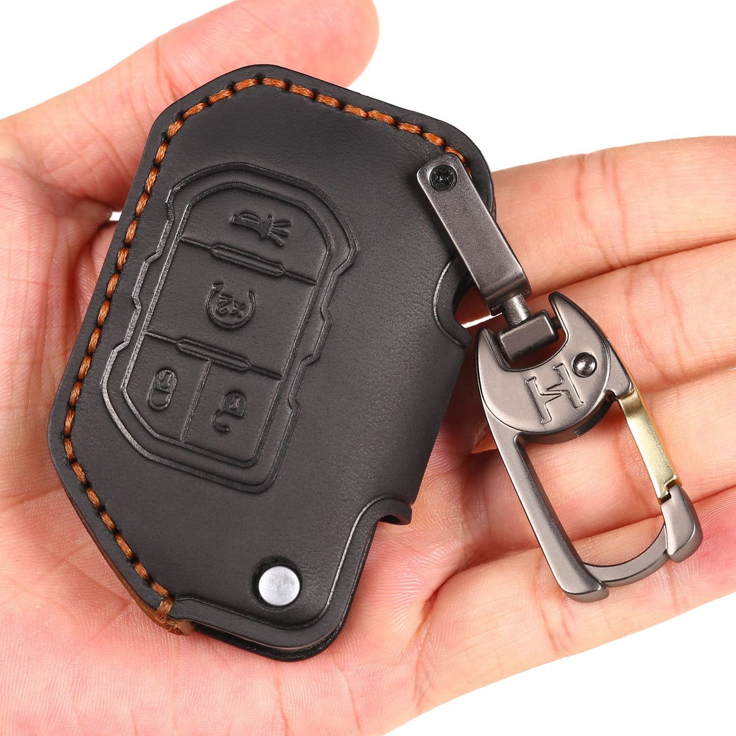 EASYANT Handmade Leather Car Key Fob Cover Compatible with Jeep 2018-2024 Wrangler Gladiator Sahara Rubicon 4 Buttons Black