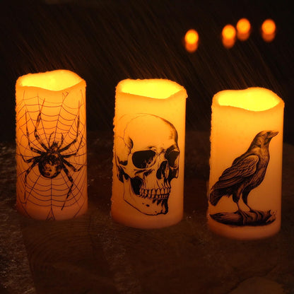 Homemory Halloween Candles, Color Changing Flameless Candle, Battery Opeated Candle, Outdoor Waterproof Plastic Candle with Remote and Timers, Skull, Crow, Spider, 13 Colors, Set of 3