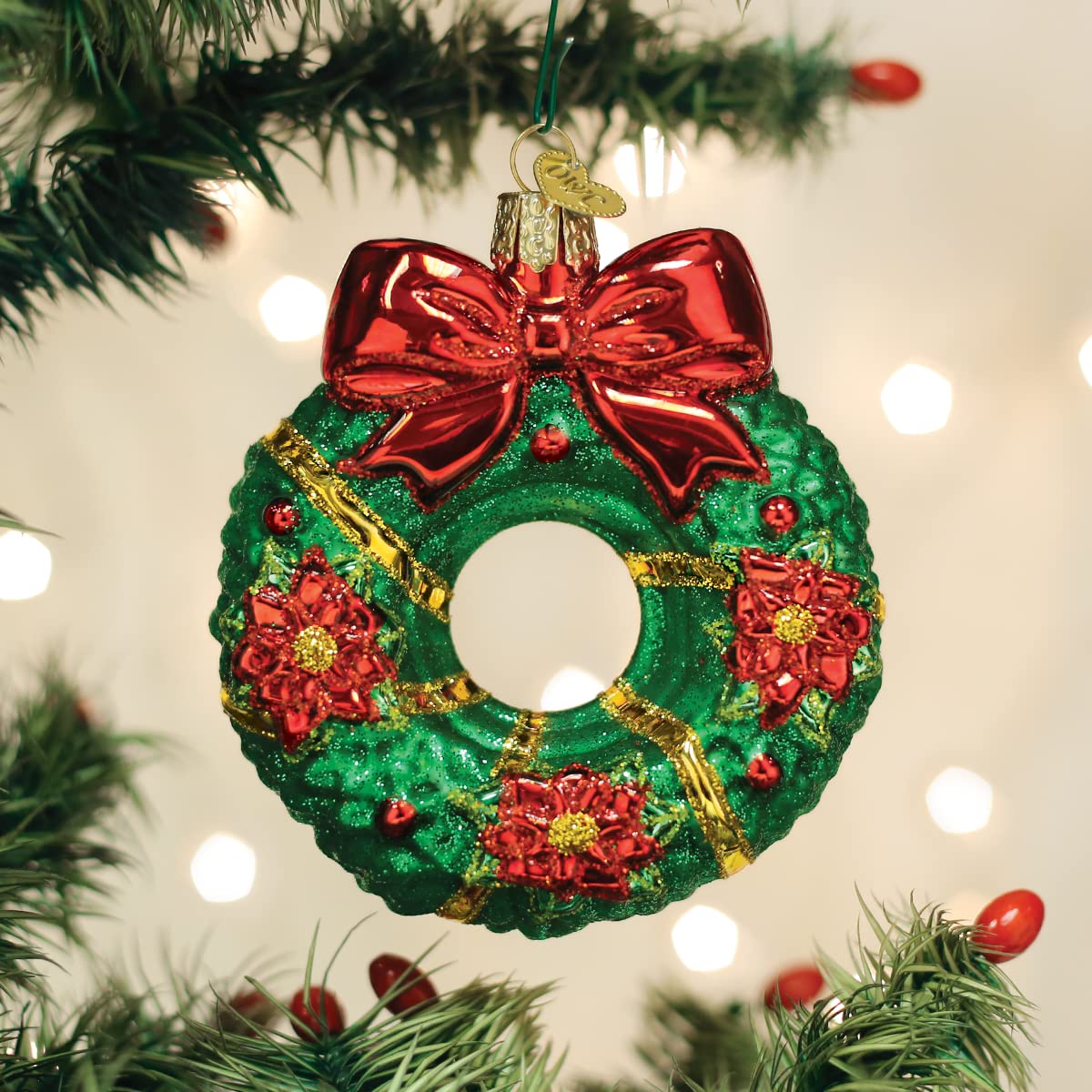 Old World Christmas Christmas Wreath Glass Blown Ornament for Christmas Tree, Handcrafted Holiday Decoration, Holiday Collection