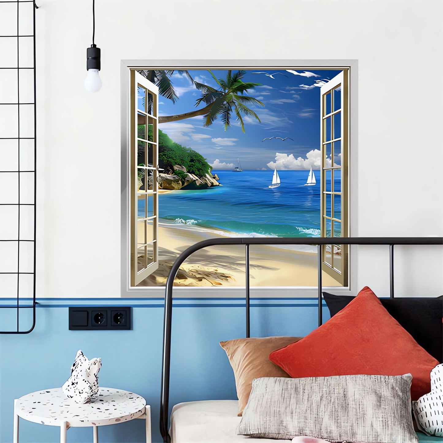 Seafront Beach Coconut Tree Fake Window Wall Stickers, sacinora 3D Seashores Seascape Wall Decals Removable Vinyl Peel and Stick Living Room Bedroom Art Home Decorations