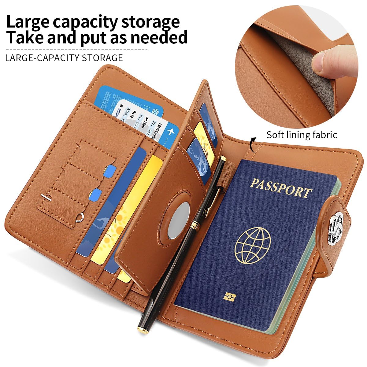 XIMAND Passport Holder Wallet Bag with AirTag Holder, Card Slots and Passport Solt Ticket Cash Solt, Photo Solt Sim Card Pen Slot.Brown