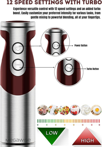 3- in-1 Immersion Hand blender, Powerful MOTOR & Stainless Steel Stick Blender, 4 Sharp Blades with Whisk, Milk Frother Attachments