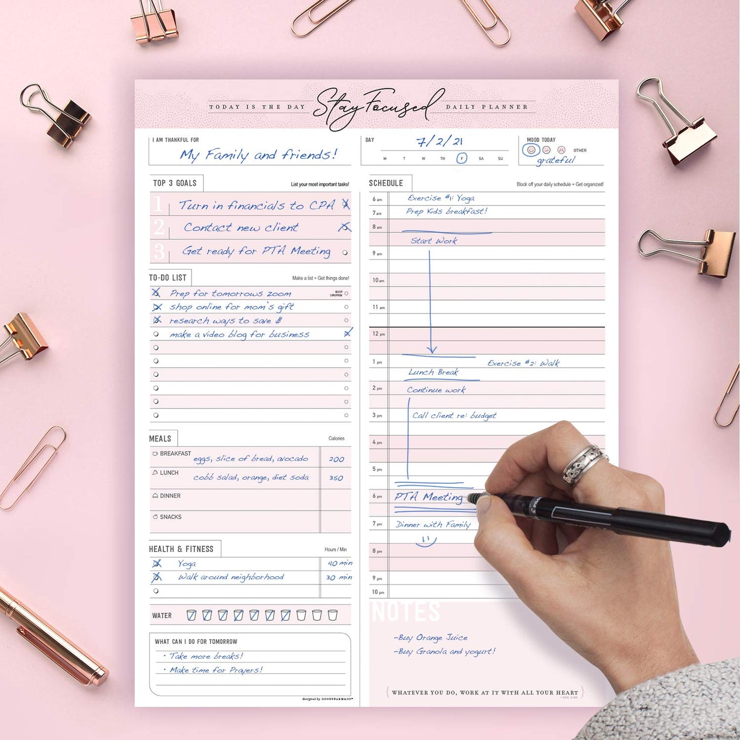 Daily Notepad Planner To Do Schedule - Stay Focused 50 Tear off Premium Made USA (Rose Pink)