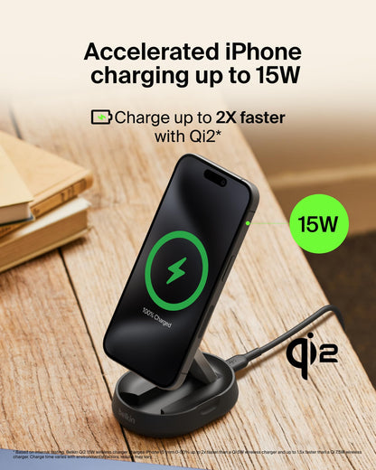 Belkin Magnetic Wireless Charging Pad 15W - MagSafe-Compatible Qi2-Certified Wireless Charging Station, iPhone Charger for Apple iPhone 16, 15, 14 Series, AirPods w/Non-Slip Base - Black (No PSU)