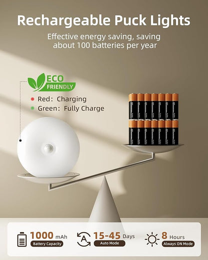 EZVALO 6-Pack Under Cabinet Lighting, Rechargeable Motion Sensor Puck Lights with Remote, 3 Color Temps &12 RGB Colors, Magnetic Stick on Light, Dimmable Under Counter Lights for Kitchen, Shelf, Stair