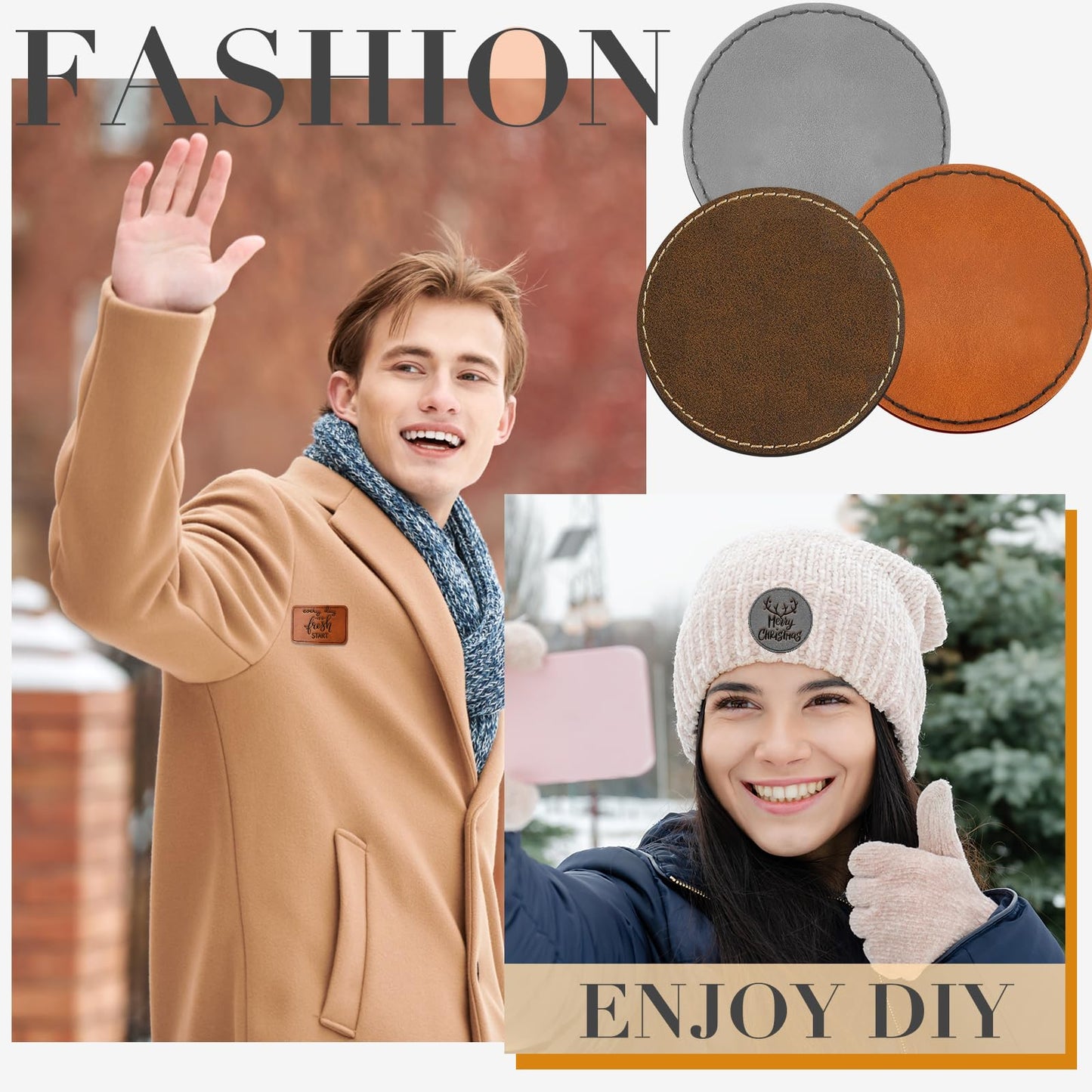 Dunzy 60 Pcs Blank Leatherette Hat Patches Laserable Leatherette Patch Iron on Heat Press with Adhesive Leather Patches for Hats Clothes Repair(Khaki, Golden Brown, Gray,3 x 2 Inches)