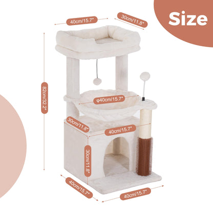 Pawfessor Cat Tree 32 Inches Small Cat Tree for Large Cats Adult Cat Tower with Scratching Post,15.7”Large Hammock and Self Groomer, and Removable Top Perch and Wide Condo for Indoor Cats-Beige