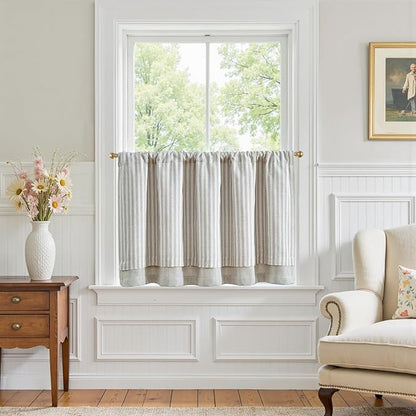 jinchan Double Layer Striped Linen Kitchen Tier Curtain Rustic Cafe for Living Room Bathroom Half Window Curtain Light Filtering Rod Pocket 1 Panel 24 Inch Taupe Grey