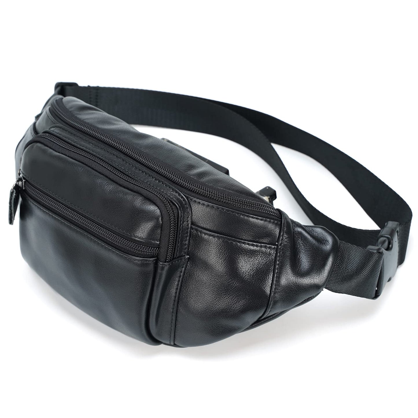 Polare Napa Leather Fanny Pack Waist Bag For Outdoor Travel Camping Cycling Running Black-Small