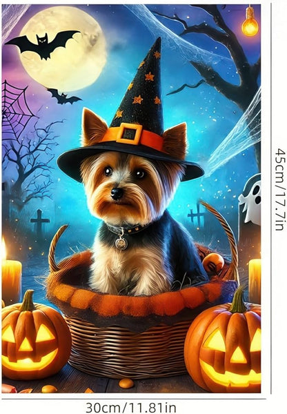 Halloween Garden Flag Yorkie Witch Hat Garden Flag Polyester 12x18 Inch Fall Winter Holiday Decor Outdoor Yard, Patio, Farmhouse Decoration No Flagpole