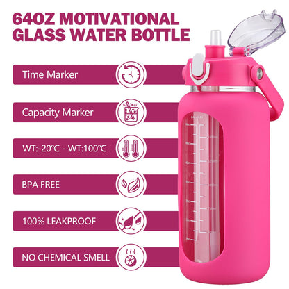 kytffu 42oz Glass Water Bottles with Straw, Motivational Glass Bottle with Silicone Sleeve and Time Marker, Leakproof Large Glass Water Jug for Gym Home Office,Rose red