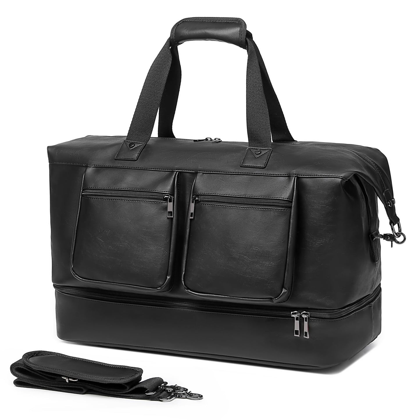 Pu Leather Travel Duffle Bag, Overnight Weekender with Shoe Compartment - Large Gym Bag for Men & Women - Black