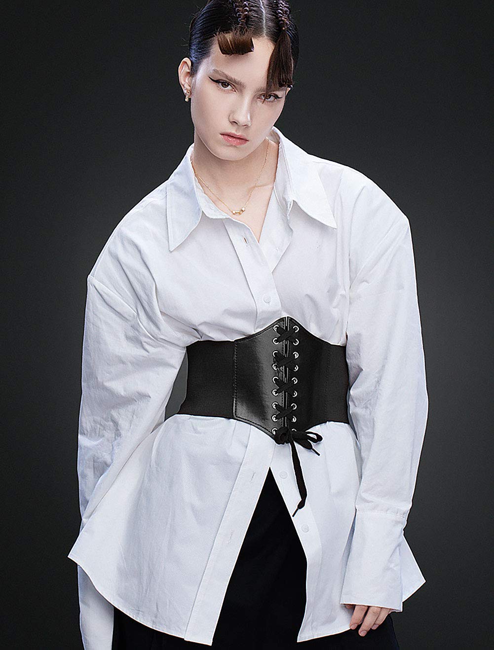 Glamorstar Corset Belt for Women Lace-up Leather Elastic Belts for Dresses Wide Tied Waspie Cincher Belts 85cm Black
