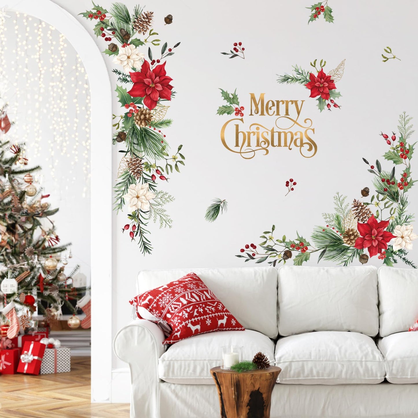 Wondever Christmas Flower Wall Stickers - Leaves and Floral Window Wall Art Decals for Xmas Party, Living Room
