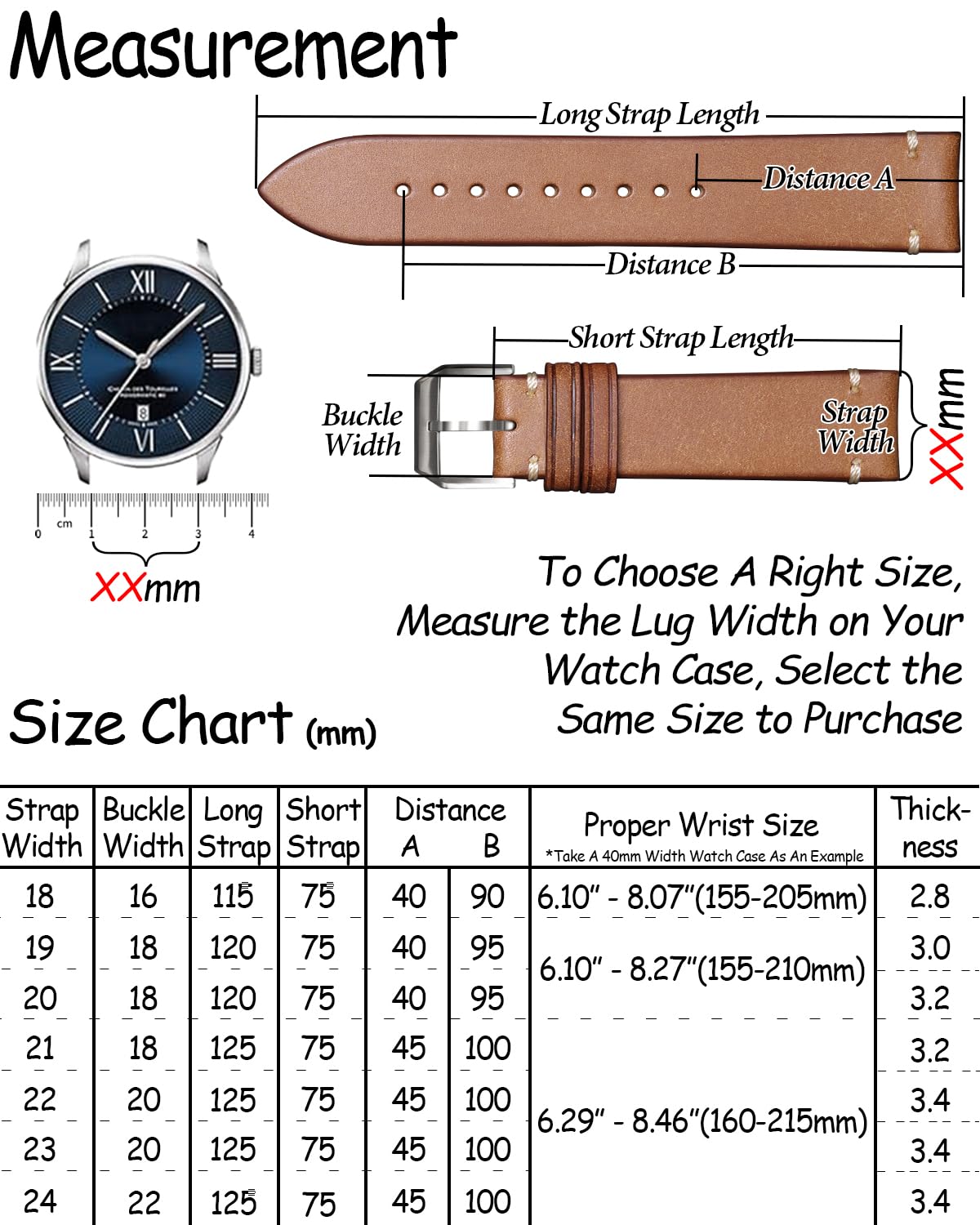 REZERO Leather Watch Straps, Italian Top-Grain Calfskin Watch Bands, Watch Band Replacements with Distressed Matte Finish for Men, Women 18mm 19mm 20mm 21mm 22mm 23mm 24mm