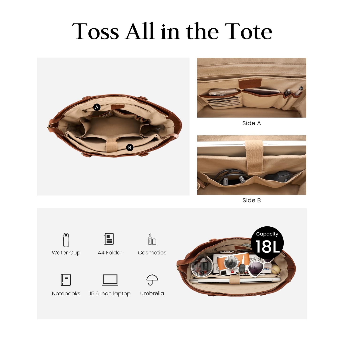 befen Real Leather Work Tote Bag for Women Multi-Pockets Shoulder Totes Purse Satchel Office Bags Handbag with Cup Holder for Work & Travel Cognac Brown