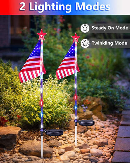 8 Pack American Flag Solar Lights Outdoor, 4th of July Decorations Red White and Blue Star Lights, 2 Modes Waterproof Solar Patriotic Lights for 250th Anniversary Independence Memorial Day Garden Yard