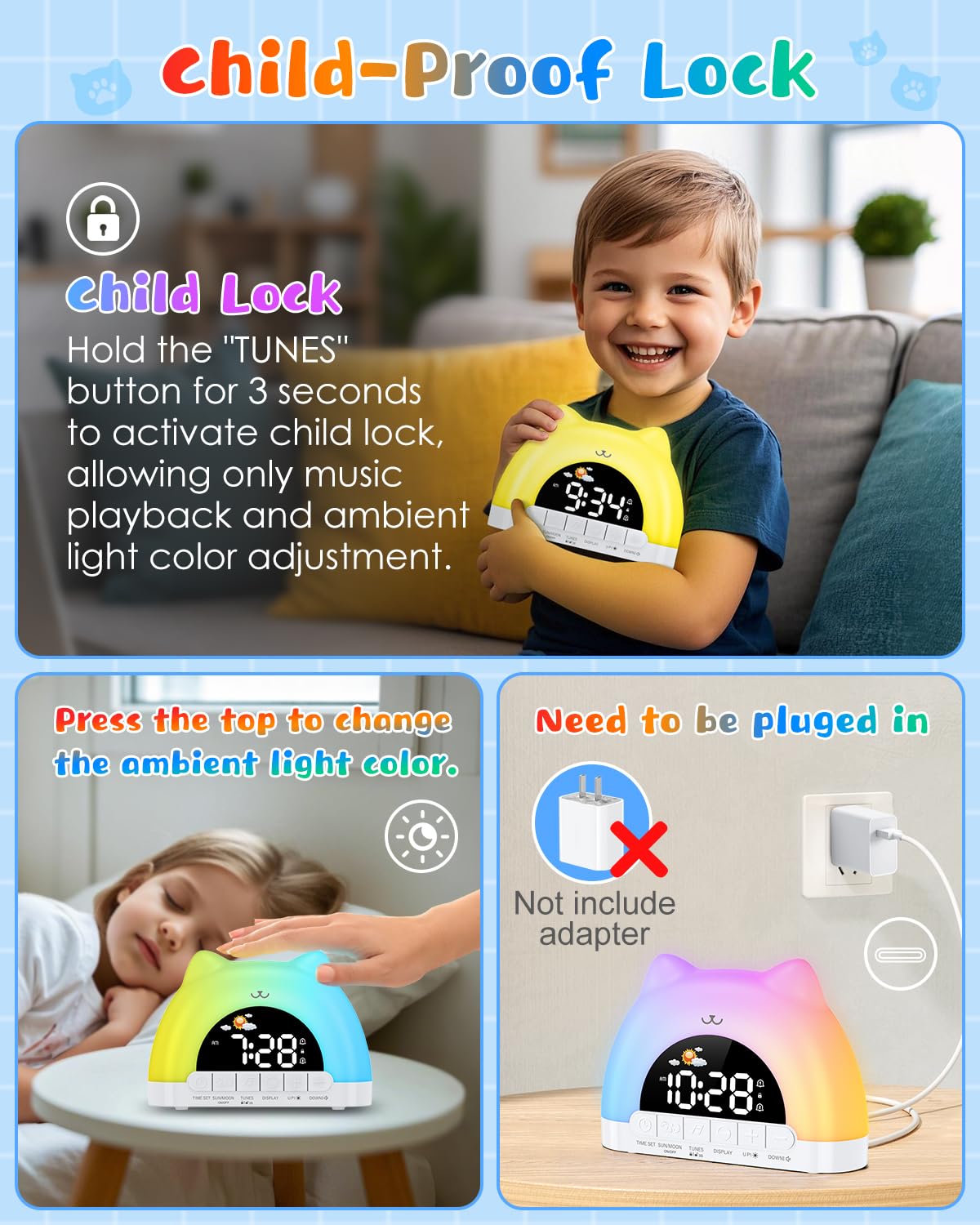 Homiyteck Kids Alarm Clock, OK to Wake Alarm Clock for Kids, Cat Clock with 11 Colors Night Light, 10 Soothing Sounds, Child Lock, Dual Alarms, Sleep Training, Birthday Gift for Boy Girls Children