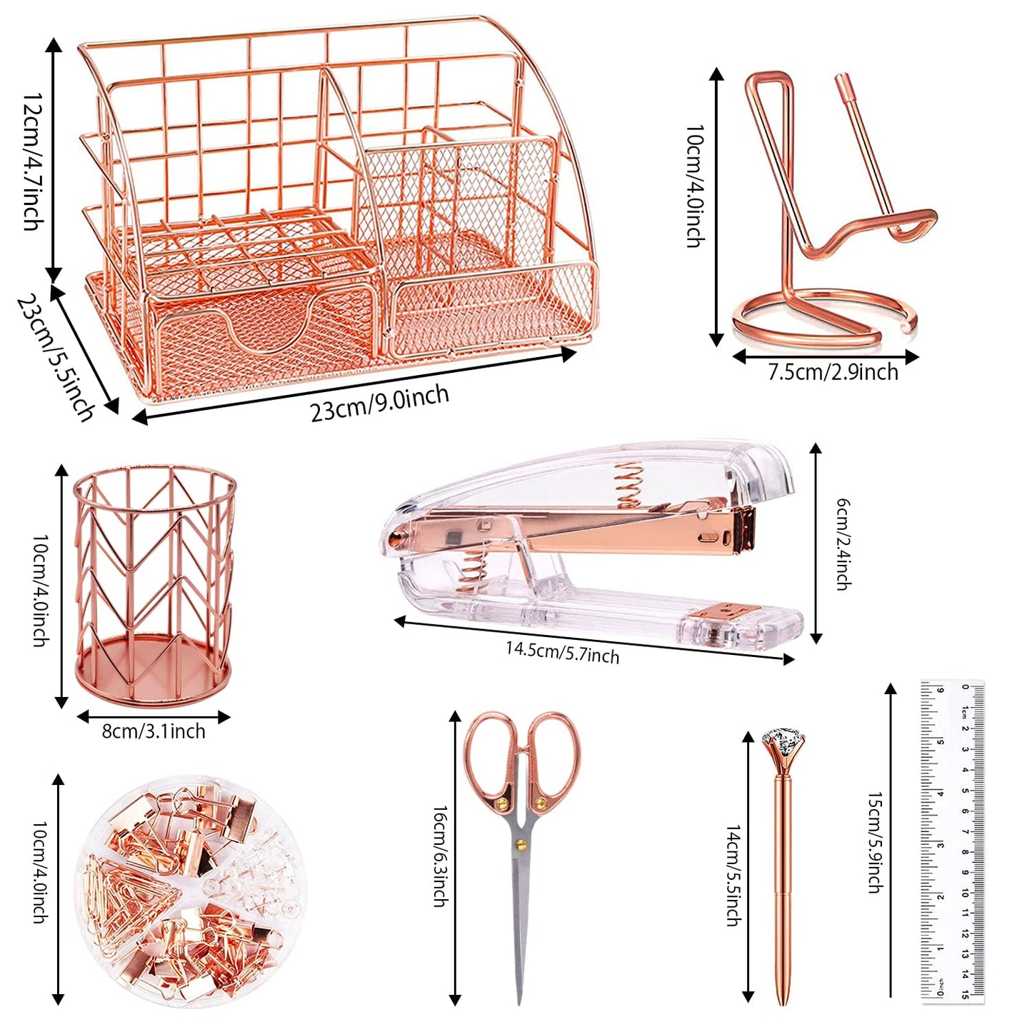 KAAKOW Rose Gold Desk Organizers and Accessories Office Supplies Set Stapler, Pen Holder, Phone Holder, Scissors, Pen, Ruler, 30 Paper Clips, 22 Binder Clip, 20 Tacks and 1000pcs Staples