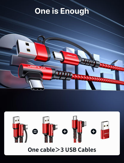 JSAUX 100W USB C Cable [2-Pack 10FT], Right Angle Fast Charging Cord with USB A to C Adapter for iPhone Air/iPhone 17/ iPhone 17 Pro/iPhone 17 Pro Max, iPhone 16/15, Samsung, MacBook, iPad - Red
