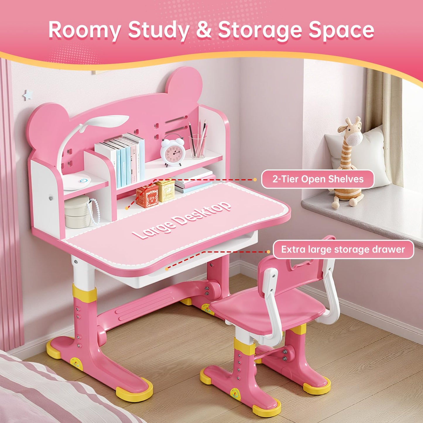 Xaperexi Kids Desk and Chair Set, Height Adjustable Child's School Study Writing Tables, Kids Desk with Bookstand and Storage Drawer, Widened Desktop with Desktop for Boys and Girls (Pink-F)
