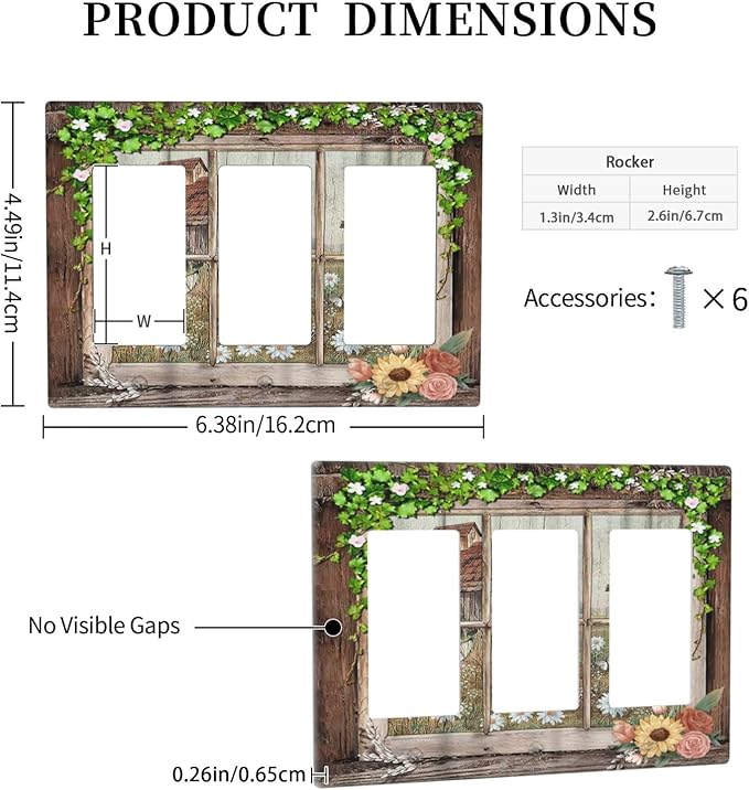 Farm Barn Farmhouse Rustic Country Flower Triple Rocker/Decora Wall Plate 3 Gang Light Switch Outlet Cover Plate Decorative Switchplate Electrical GFCI Faceplate for Kitchen Bathroom Decor