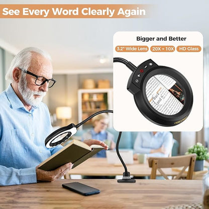 Magnifying Glass with Light and Clamp Desktop Bigger 20+10X Magnifier Desk Clip on Lamp for Close Work, Bed Book Reading,Crafting,Sewing, Soldering, USB (Black, 18.5 inch)