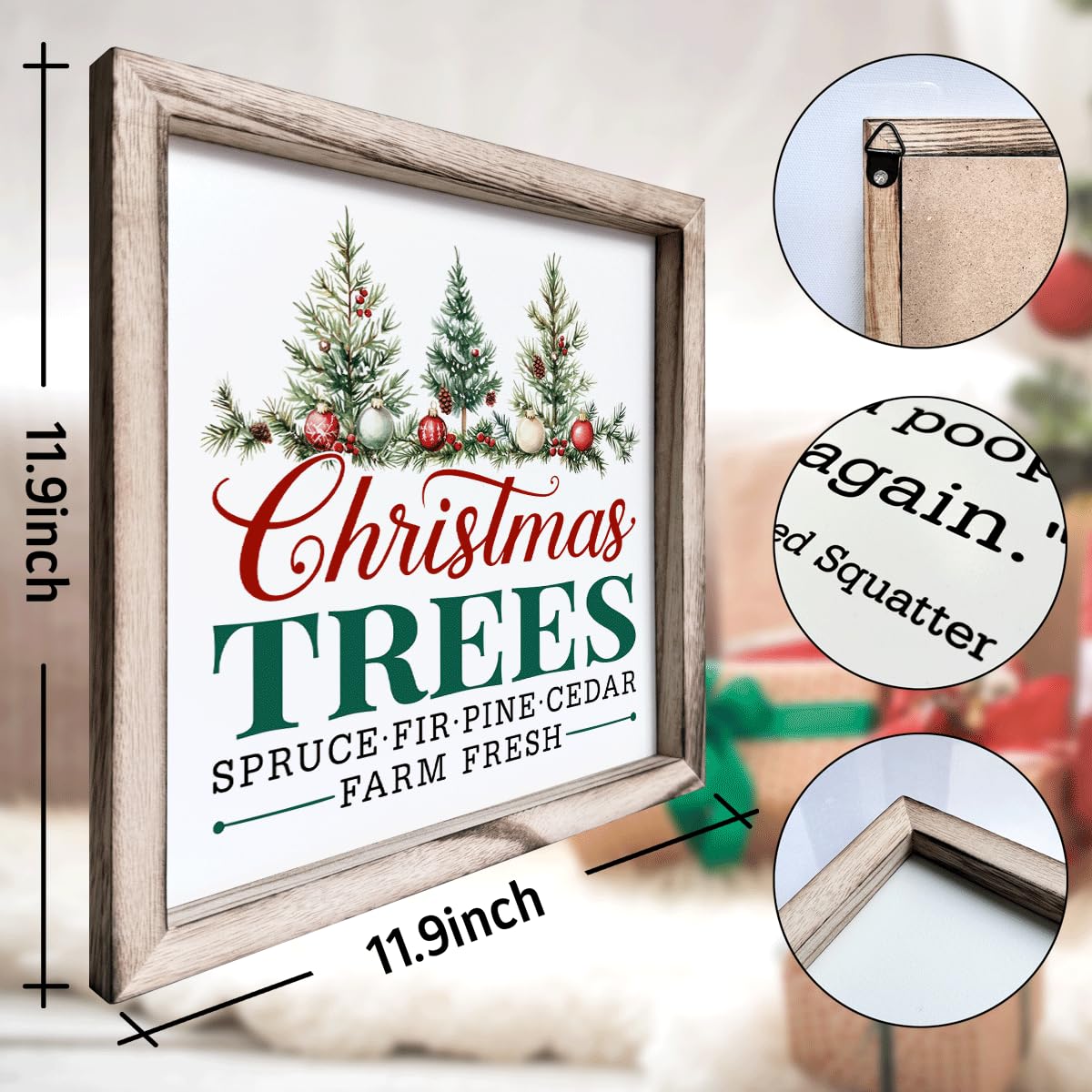 Christmas Wall Decor, Christmas Trees Farm Fresh Sign, Spruce Fir Pine Cedar Framed Wood Wall Accent for Rustic Living Room or Entryway, MDF Holiday Hanging Plaque