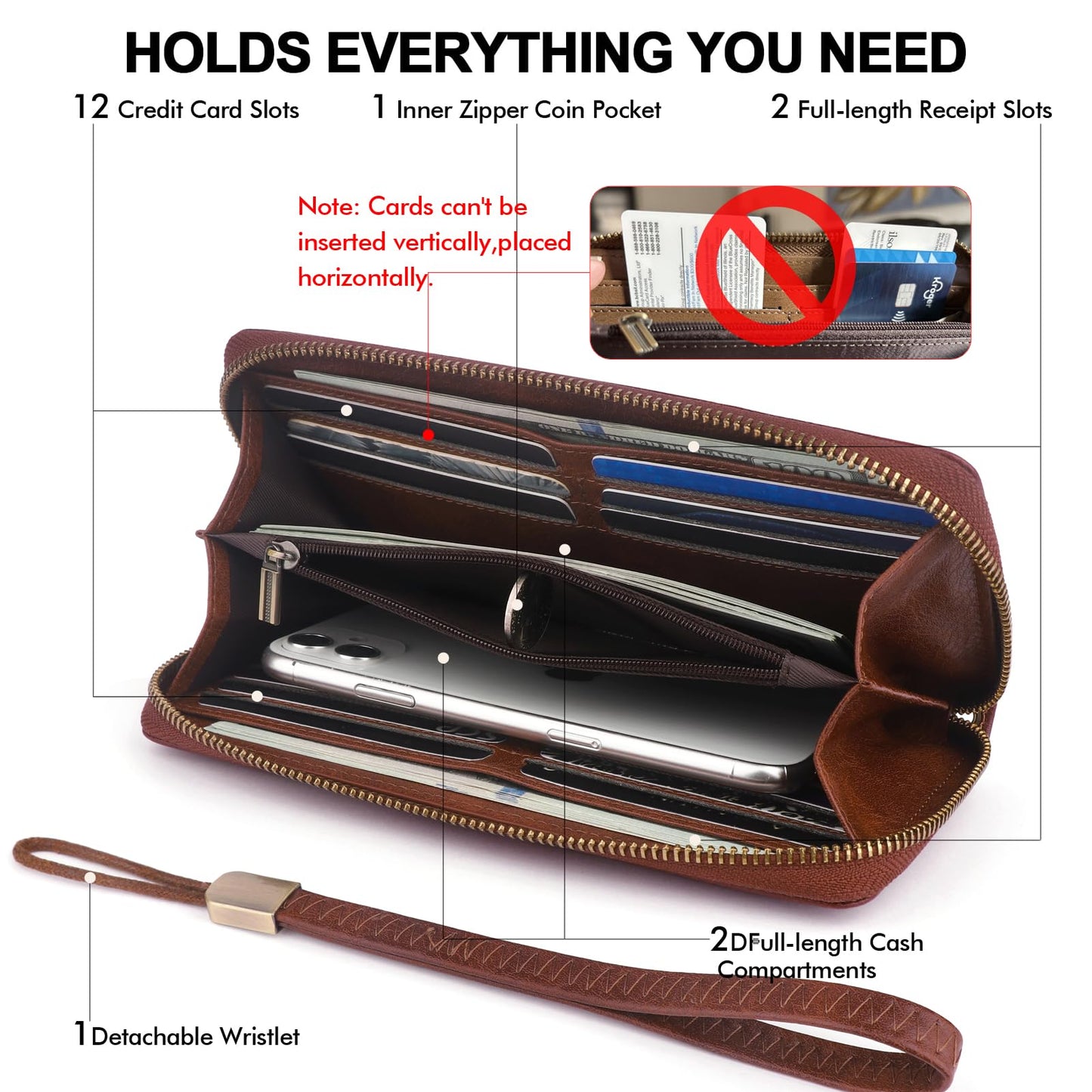 Blucoay Leather Wallet Women Wristlet RFID Blocking Large Capacity Long Wallet For Women Card Holder With Zip Coin Pocket(darkbrown)