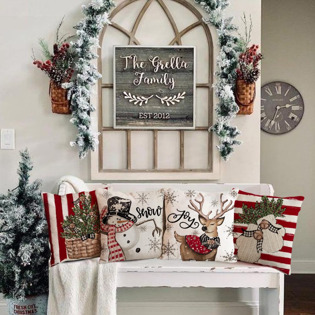 RABUSOFA Christmas Pillow Covers 18x18 Inch Set of 4 Indoor Outdoor Waterproof Snowman Reindeer Gloves Eucalyptus Winter Holiday Stripes Cushion Case Christmas Decoration for Couch Red