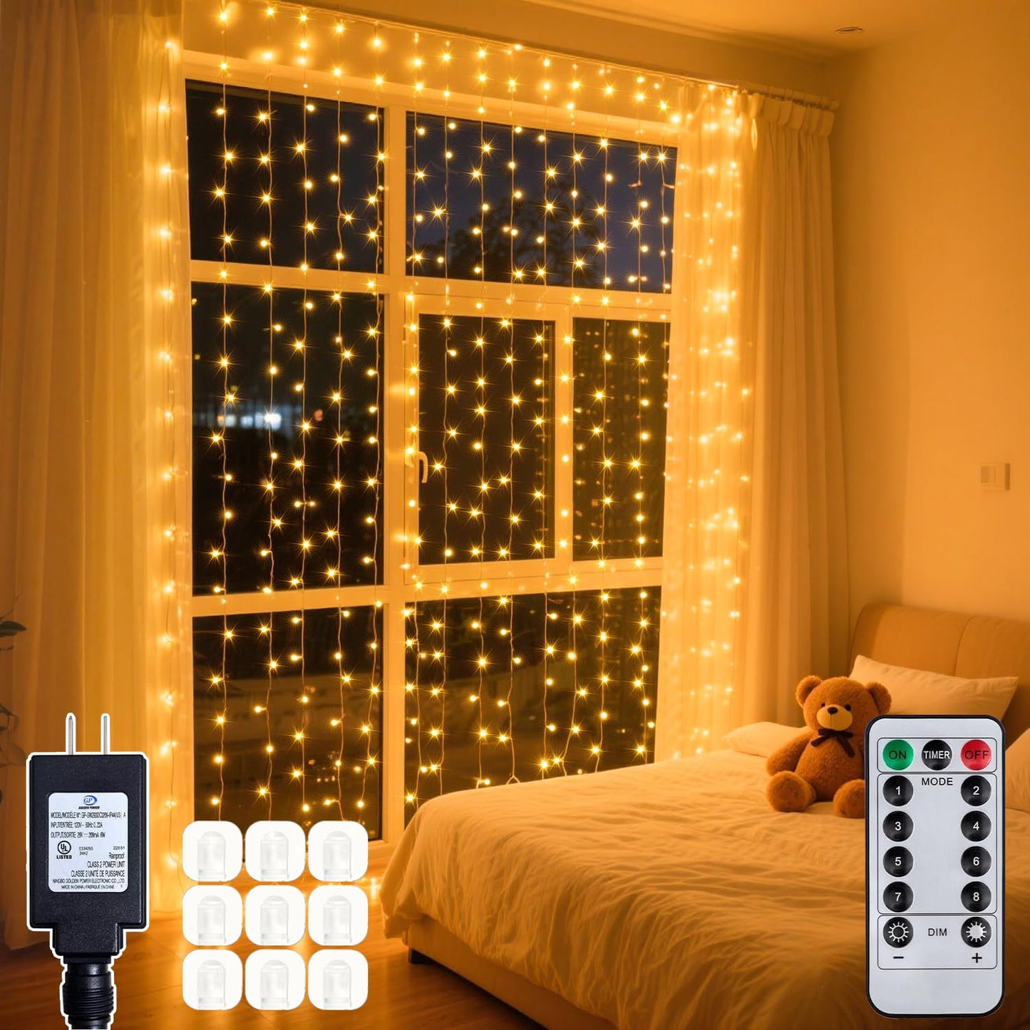 Soagrc 200 LED Warm White Curtain String Lights 9.8x6.6FT, Plug in Fairy Lights with 9 Hooks, Dimmable, Timer & 8 Modes, IP44 Waterproof, Bedroom Wall Wedding Party Christmas Indoor Outdoor Decor
