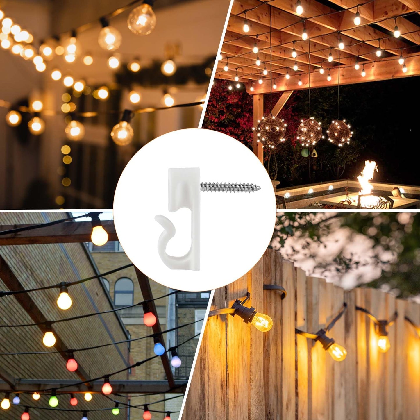 50 Pack Hooks for Outdoor String Lights, Christmas Light Clips bulk with Screw, Weatherproof Light Hanger Hooks for Hanging Christmas Lights,Wall Cable,Fairy Lights on Fence Patio Gutter (White)