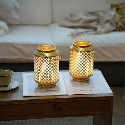 TRIROCKS Set of 2 Battery Operated Lamp 7.5'' High Cordless Decorative Lamp Metal Table Lamps with LED Bulb for Home Living Room Weddings Parties Patio Events Outdoors Indoors Shelf (Gold)