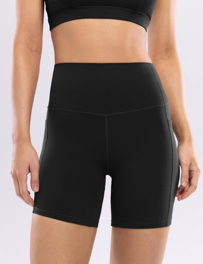 POSHDIVAH Women's Creamluxe Yoga Shorts with Pockets - 6" High Waisted Spandex Workout Running Volleyball Biker Shorts, Black Medium
