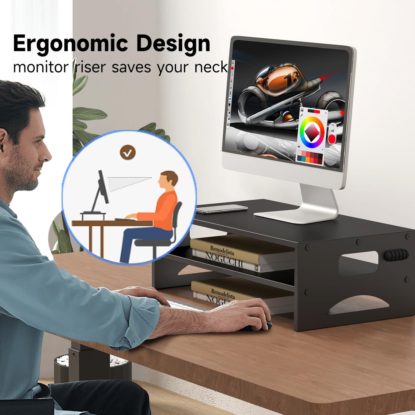 Pholiten Monitor Stand Riser, Desktop Stand, Computer Stand, Ergonomic Design, Two-Level Design, Desktop Organization, Keyboard Smartphone Storage, Printer Stand, Display Stand, 16.5 x 9.3 x 5.6