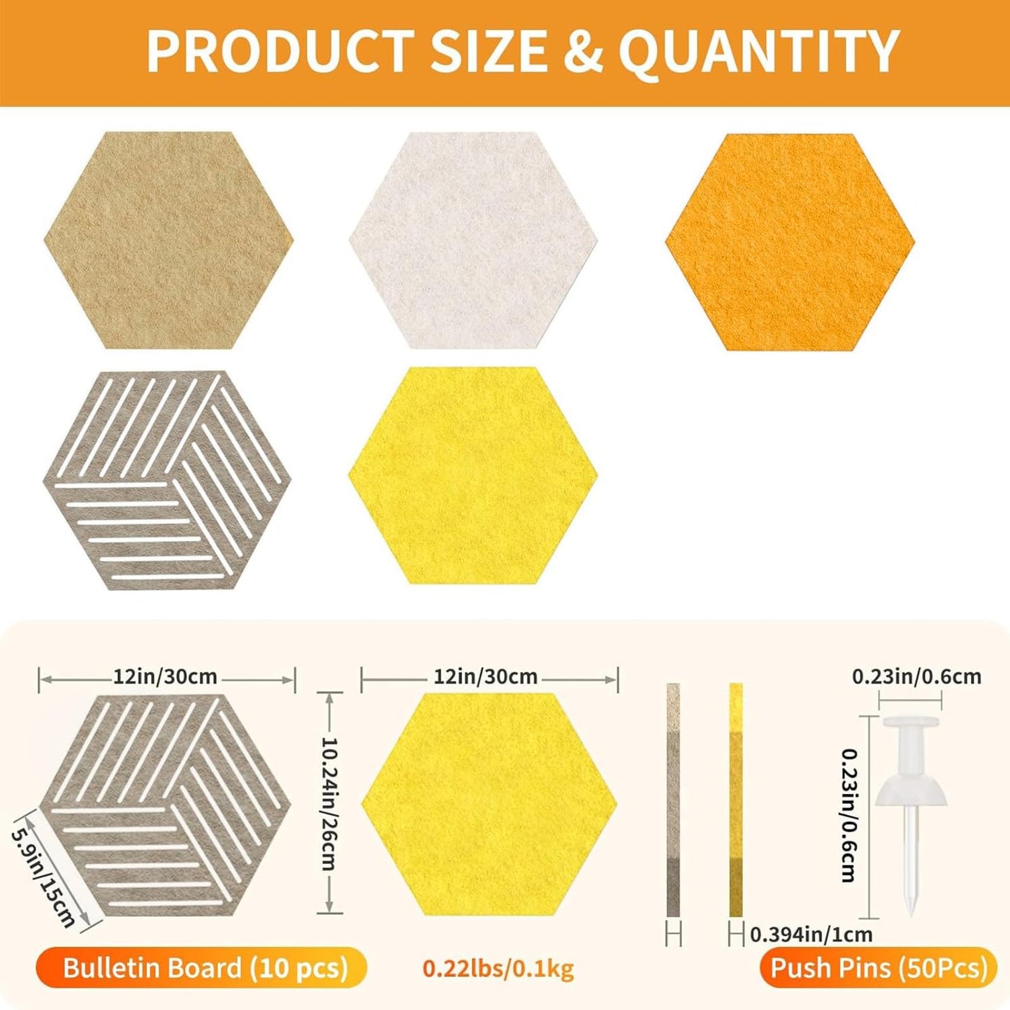 FOCHIER F 10PCS Hexagon Cork Boards for Walls Decor,12"*10.2" Felt Bulletin Board Tiles Sets for Home Office Class Kitchen with 50 Push Pins,Self Adhesive DIY Pin Board for Photos Memos