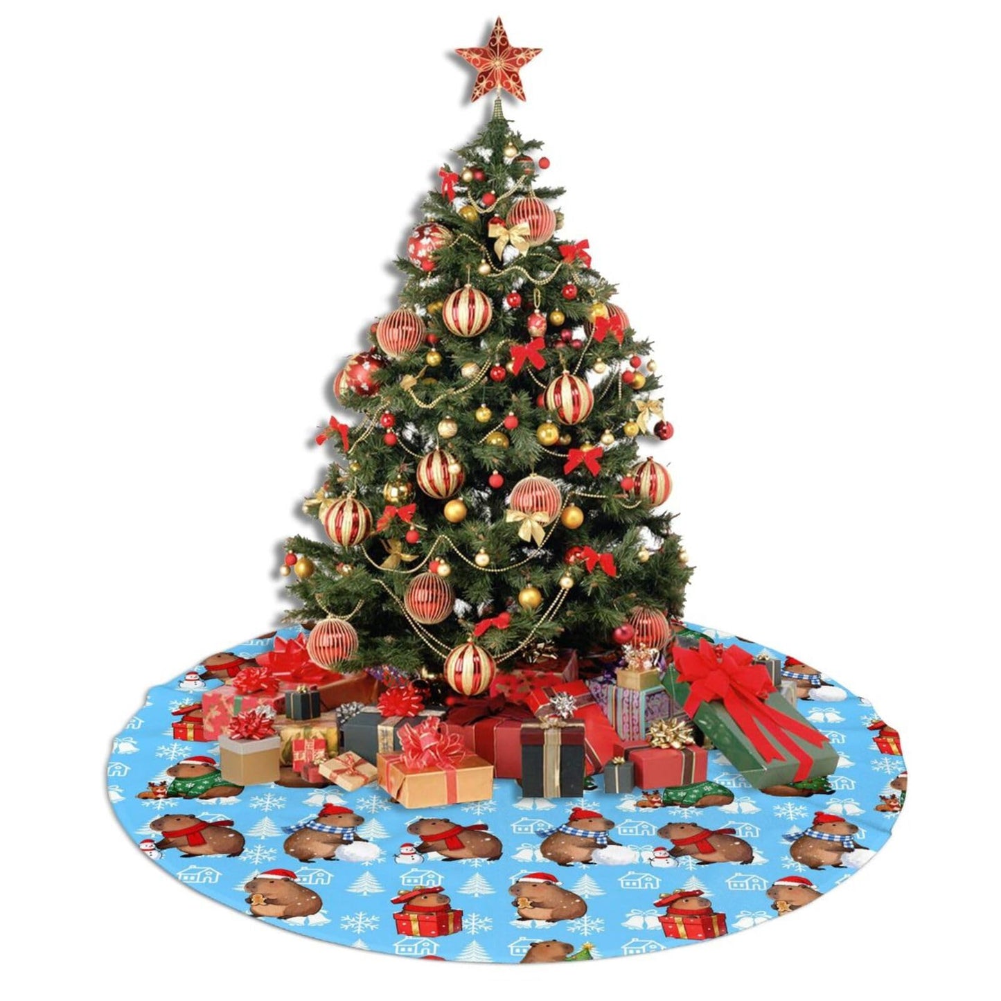 Christmas Tree Skirt with Santa Capybara 48 inches Animal Tree Skirts Xmas Mat Farmhouse Holiday Party New Year Supplies Ornaments Decorations for Mini Small Pencil Big Trees