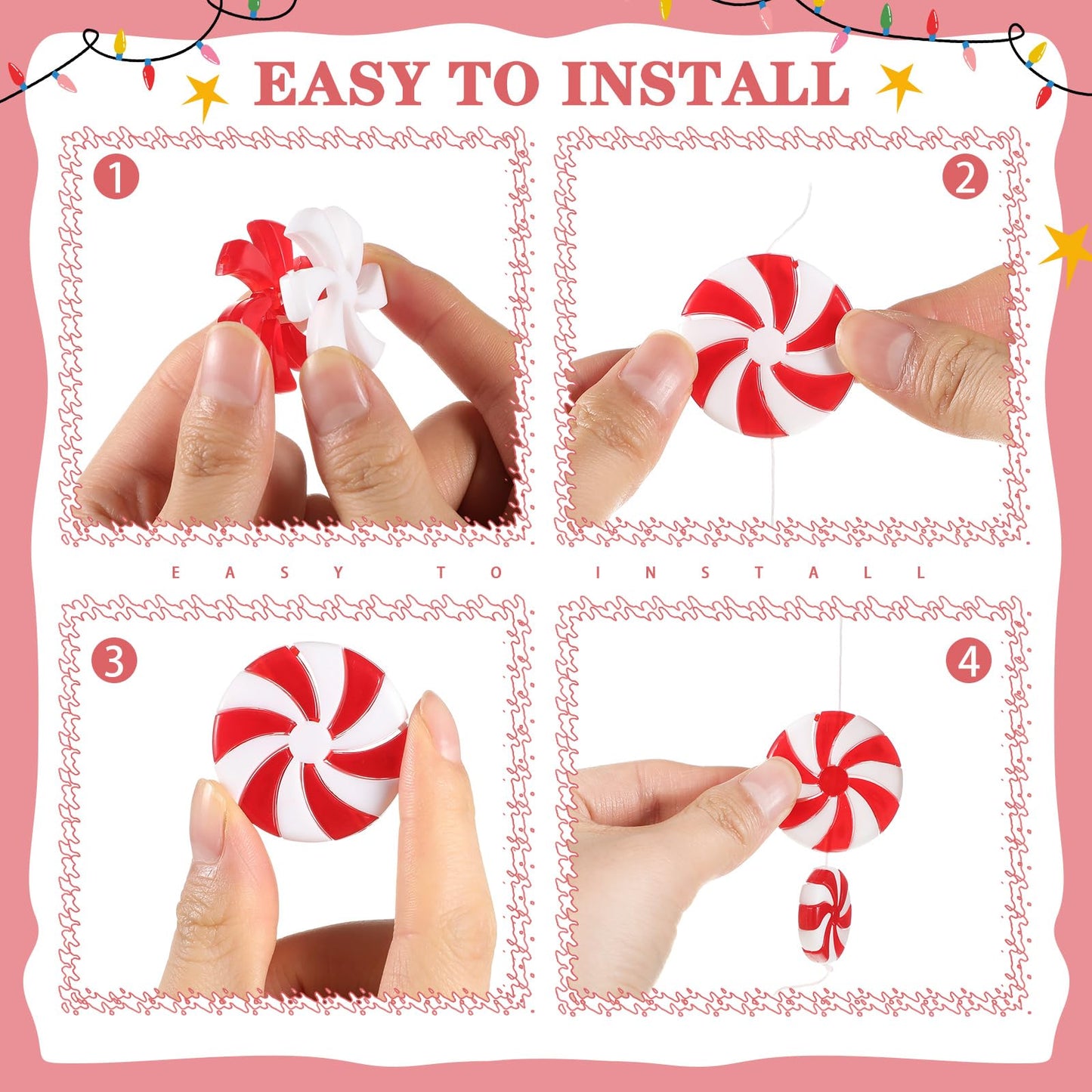 WILLBOND 49 Pcs Christmas Candy Canes Ornament Gift 5 Yards Wired Christmas Ribbon Fake Candy Hanging Ornament with Crystal Wire Red White Stripes Ribbon for Xmas Party Xmas Home Decor(Beaded Garland)