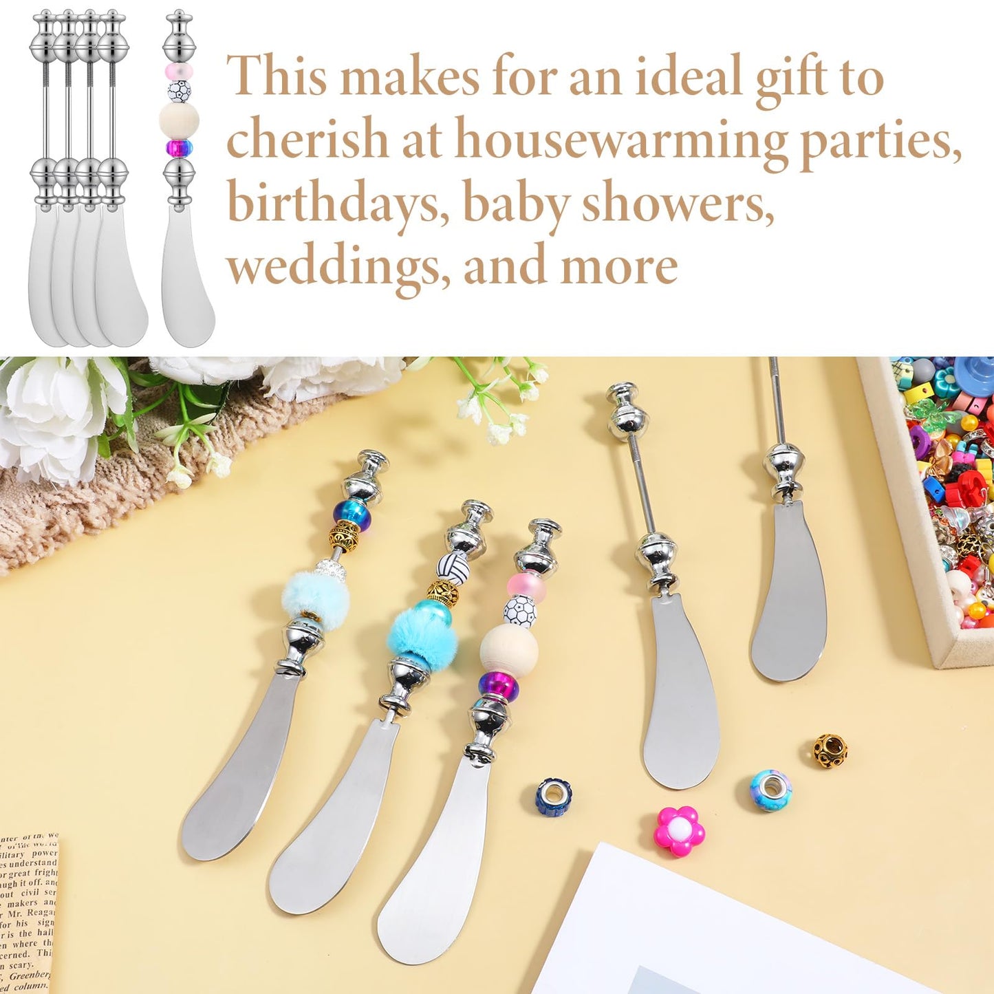 12pcs Cheese Spreader Knives DIY Decorative Beaded Butter Spreader Knives Stainless Steel Cheese Spreaders Beadable Cake Serving Utensil for Charcuterie Board Wedding Christmas Party Accessories Favor