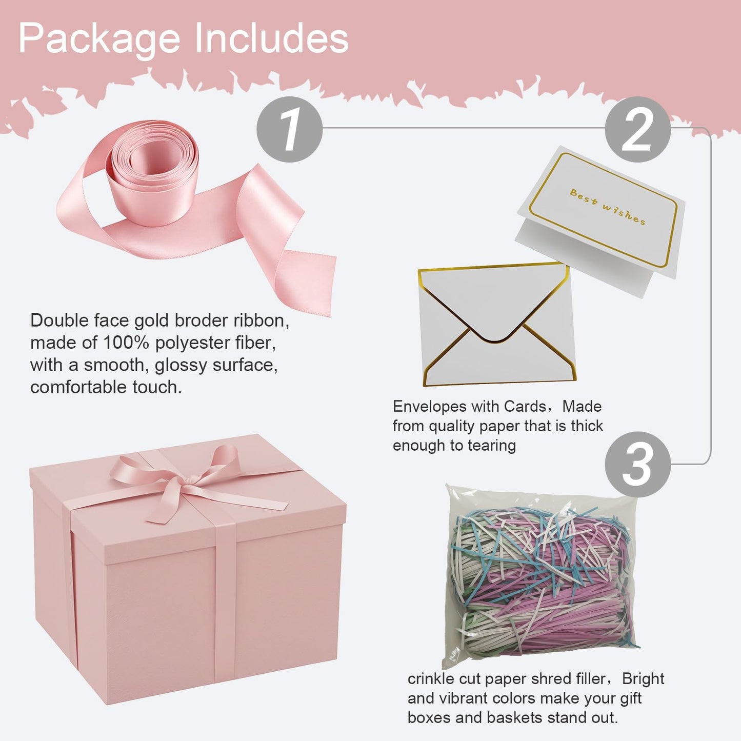 Rinrda Extra Large Gift Box,15x12x10 Inches,Pink Gift Boxes with Lids for Presents,10-inch Deep Box for Birthday Weddings Christmas Valentine's Day.Contains Card Ribbon Shredded paper.
