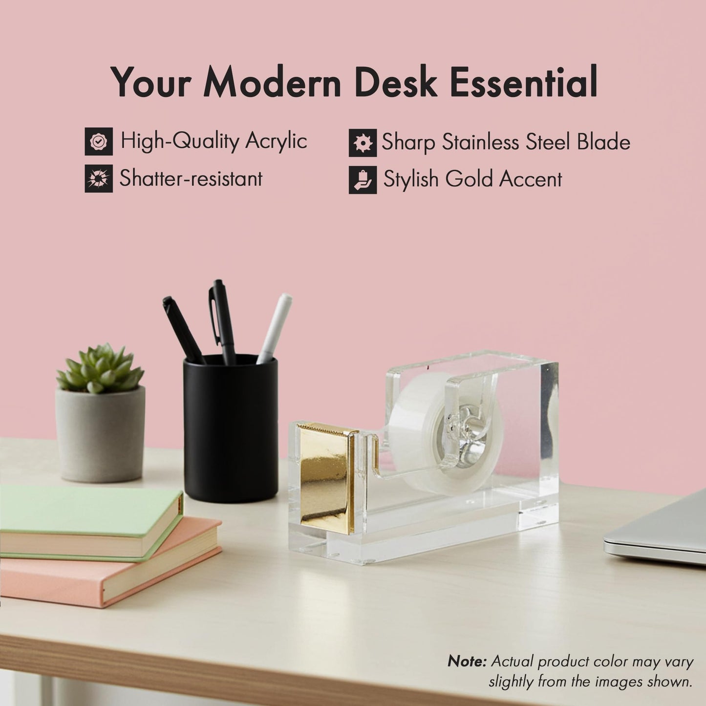 OfficeGoods Acrylic Tape Dispenser – Modern Desk Organizer for Office Supplies, Heavy Duty Refillable Tape Holder for Home and School Crafting, Stylish Desktop Accessory for Gift Wrapping, Gold