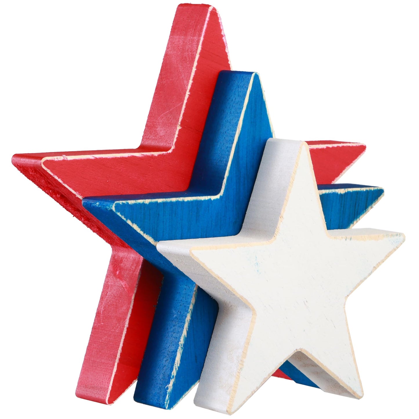 HH Family 4th of July Décor Handmade Rustic Patriotic Wood Stars - Set of 3, Red, White & Blue, Double-Sided Table Signs for Independence Day Decorations (Star1)