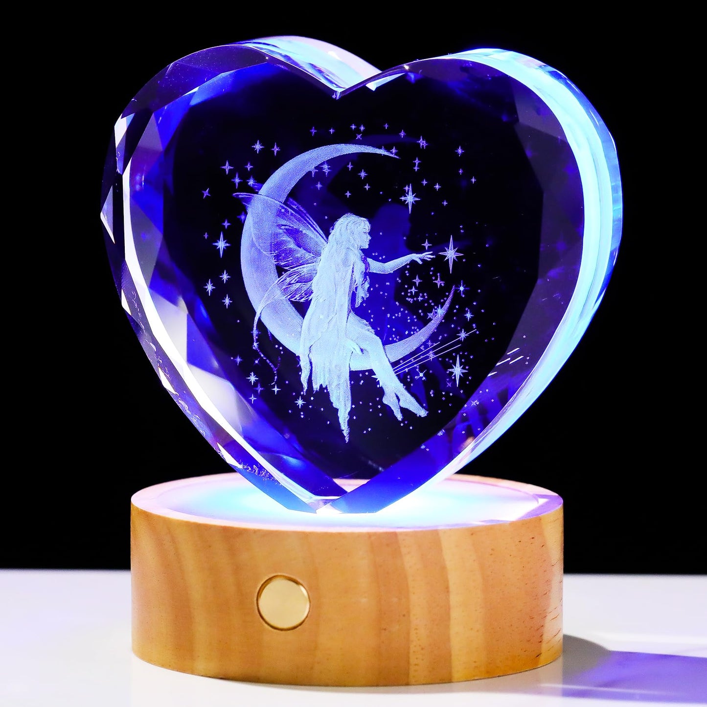 Arikyrist 3D Moon Fairy Figurines Crystal Heart for Women with Wooden Light Base - Glass Statue Witchy Gift for Girls Fairy Lovers Women Collectible Tinkerbell Night Light Home Decor